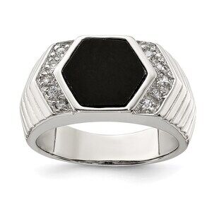 925 Sterling Silver Genuine Fine Jewelry Rhodium-plated Men's  CZ & Onyx Ring